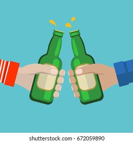 Vector image in flat style. Two hands holding the beer bottles.Drinking together.