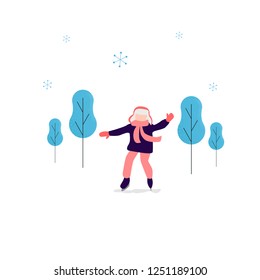 Vector image in flat style. Winter theme. A child in winter clothes skating on ice.