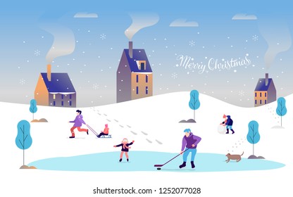 Vector image in flat style. Winter landscape. Rink. The guy with the club, the child is skating, an adult man with a child on a sled, the child rolls a snow globe.