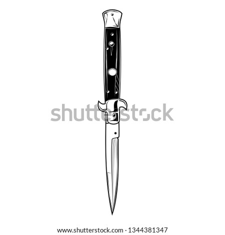 Vector image of a flick knife. Street weapon. Youth underground culture. Illustrations for t shirt print. Good boy. Black tattoo. Vector illustration.