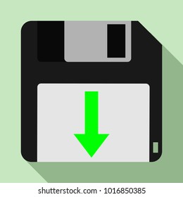 Vector image of a floppy disk with a green down arrow. Vector upload icon. Flat stylized vector image of a floppy disk with a shadow and a green arrow.