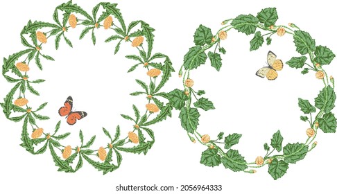 Vector image of floral wreathes from drawn yellow dandelions with flying butterflies