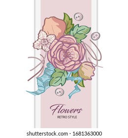 Vector image of a flower arrangement in retro style. Roses, leaves, ribbons, buttons in pastel colors. Greeting card