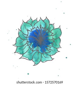 A vector image of flower with a grey outline,a green & blue watercolor artistic hand painted stain, dots with an aquarelle paper texture on white background for text design,webs,labels,cards,backdrops