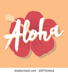 Vector image of a flower of hibiscus  on a yellow background with the inscription Aloha. Summer tropical illustration.
