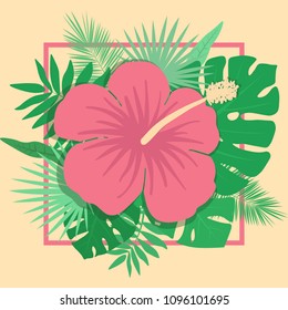 Vector image of a flower of hibiscus and tropical plants on a yellow background in a square frame. Summer tropical illustration.