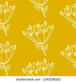 Vector image of a flower. Seamless flower pattern. White flower on yellow background. Image for poster, banner, poster and postcard. Good print for wallpaper, wrapping paper. Print for fabric, texture
