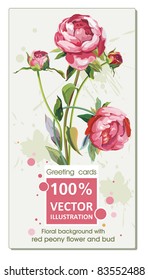 Vector image of a flowering red peony with a bud on light background, Elegance retro vector illustration.