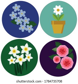Vektorbild von Blumen: Buttercups, vergessene Noten, Kamille mit symmetrischen Blütenblättern
