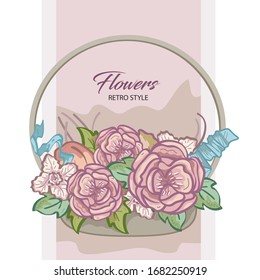 Vektorillustration von Blumen im Retro-Stil. Rosen in einem Korb in Pastellfarben. dicker Schlaganfall.