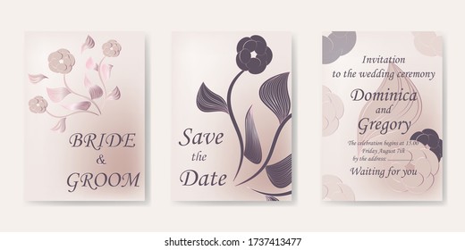 Imagen vectorial de siluetas de flores. Conjunto de plantillas para invitaciones, tarjetas y cubiertas con delicados colores pastel y burdeos, eps