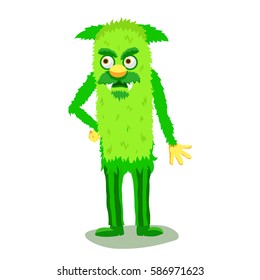 Vector Image. Fluffy Green Monster. Angry funny monster character