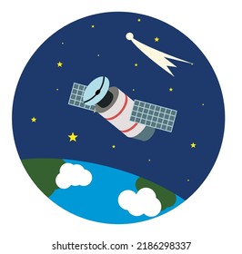 Vector image of fly space satellite over the Earth on starry background.