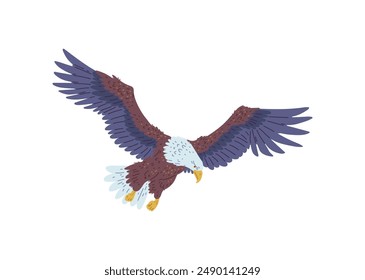 The vector image of a flying bald eagle with wings, beak and tail standing out against a pure white background is ideal for images of travel and nature