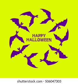 Vector image of flying bat, scary Halloween colorful symbol, vampire shape on the night sky, frame in a shape of circle, beautiful editable brush
