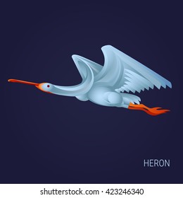 Vector image of a flying bird. Heron on a dark blue background.