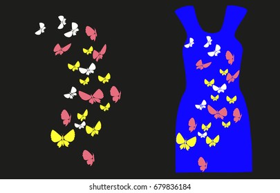 Vector image of flying butterflies. Butterflies of different colors are made on a contrasting background. Designed for textile printing, embroidery, postcards.