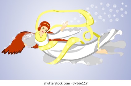 Vector image of flying christmas angel with basket with snow