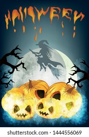 Vector image with flying on a broomstick witch and pumpkins . From a series of illustrations for Halloween