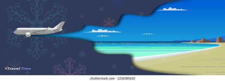 Vector image of a flying plane over the sea coast of a beautiful tropical beach. For possible use by travel agencies and airlines. Postcard. Poster.
