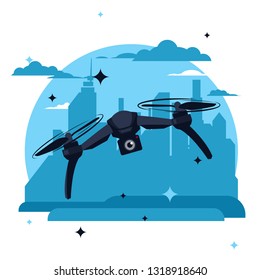 Vector image of a flying quadrocopter with a camera in the sky against the silhouette of high-rise buildings, the city