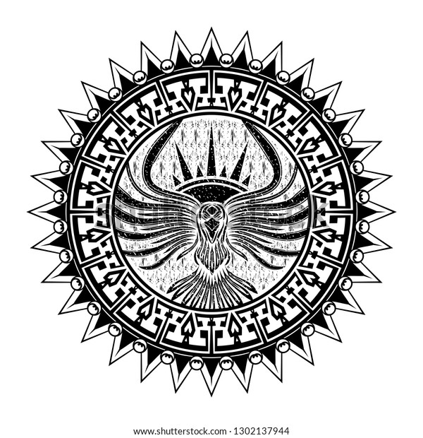 昇る太陽に対する飛翔する烏のベクター画像 ケルトの装飾 黒い円のパターン 部族のタトゥー グランジスタイル ゴシック体の記号 ベクターイラスト のベクター画像素材 ロイヤリティフリー