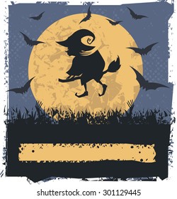 Vector image with Flying Witch On Broom.Can be used for Halloween card, greeting card, poster and banner.