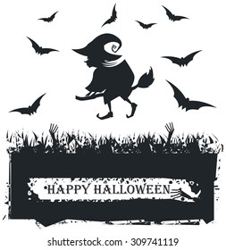 Vector image with Flying witch silhouette On Broom.
Can be used for Halloween card, greeting card, poster and banner.