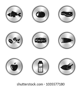 Vector image of food icons in the form of silver buttons.