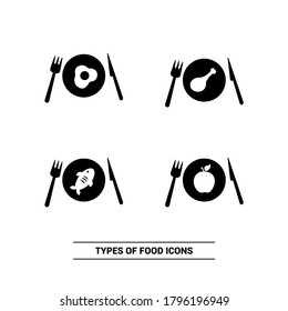 Vector image. Food icons on plate. Dishes of meat, fish, fruit, egg and soup.
