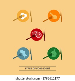 Vector image. Food icons on plate. Dishes of meat, fish, fruit, egg and soup.