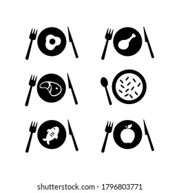 Vector image. Food icons on plate. Dishes of meat, fish, fruit, egg and soup.