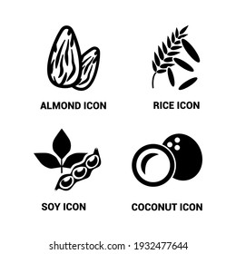 Vector image. Food icons. Soy, almond, coconut, rice icon.