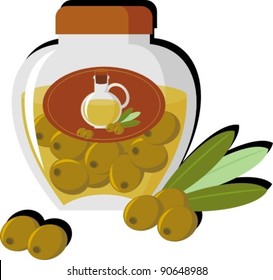 Vector image. Food - Marinated olives in the jar