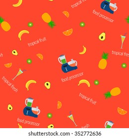 Vector image of a food processor and fruits. Seamless pattern.