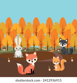 Vector image of forest animals in the autumn forest. A hare, a Fox, a Wolf and a squirrel collect autumn mushrooms.