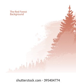 Vector image of the forest background. Wild coniferous forest in the morning mist. Vector background of red coniferous trees on the right side on a white background. Foggy valley. Vector pine forest.