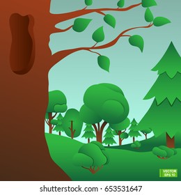 Vector image. Forest landscape, trees and bushes. Green summer forest.