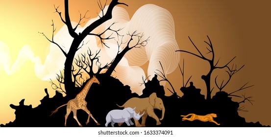Vector image of a forest and running animals from it. Concept of global deforestation and forest fire problems