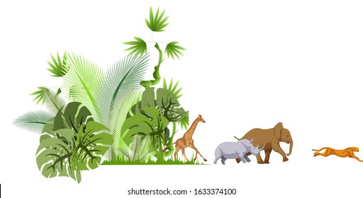 Vector image of a forest and running animals from it. Concept of global deforestation and forest fire problems