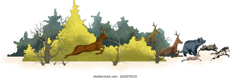 Vector image of a forest and running animals from it. Concept of global deforestation and forest fire problems