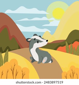 Vector image of a forest trail and a badger. Autumn forest and mountains.