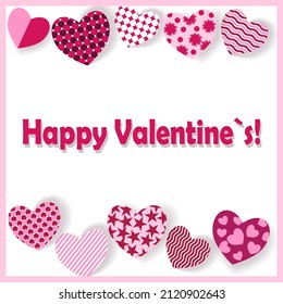 Vector image in the form of 3D hearts with a pattern on a white background and the inscription "Happy Valentine`s". Cut paper style.