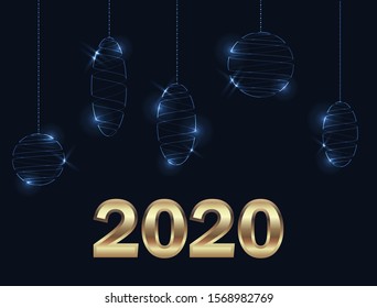 Vector image in the form of gold digits 2020 on a dark background, with decorative elements in the form of Christmas decorations. EPS10.
