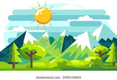 vector image in the form of a natural landscape complete with mountains, clouds, trees and houses