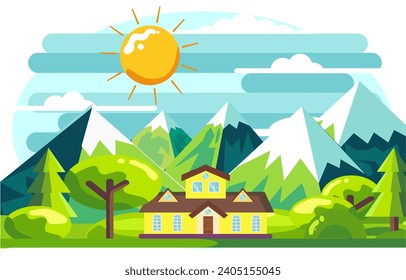 vector image in the form of a natural landscape complete with mountains, clouds, trees and houses