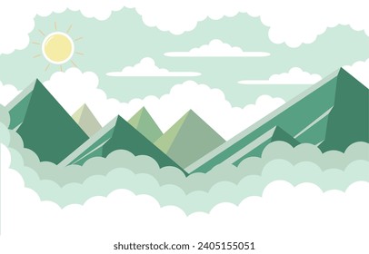 vector image in the form of a natural landscape complete with mountains, clouds, trees and houses