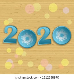 The vector image in the form of numbers 2020 on a background of vector wooden texture, with bokeh elements.