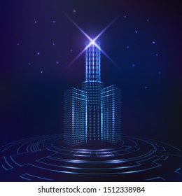 Vector image in the form of stylized architecture in a HUD ring on a dark futuristic background, with glitter and glow. EPS10.