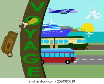 vector image in the form of a tourist postcard with the image of an airplane, cruise ship, train, tourist bus, for prints on advertising banners, flyers, luggage stickers and for decorating 